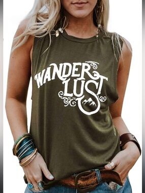 Wanderlust Graphic Sleeveless Tank Top - Olive green size medium